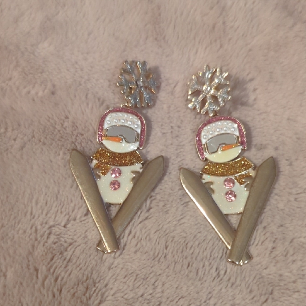 Snowman Earrings with Gold and Pink Accents